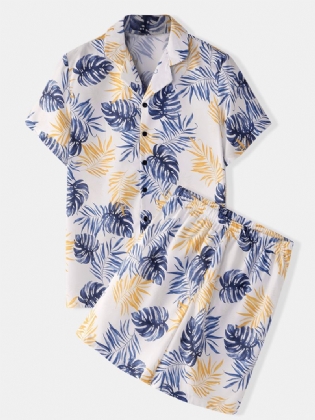 Mænd Tropical Plant Leaves Med Tryk Turn Down Collar Pyjamas Set Faux Silk Home Nattøj