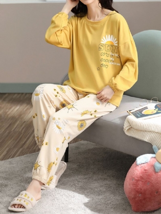 Plus Size Kvinder Blomster & Letter Med Tryk V-hals Langærmet Hjem Casual Pyjamas Sæt
