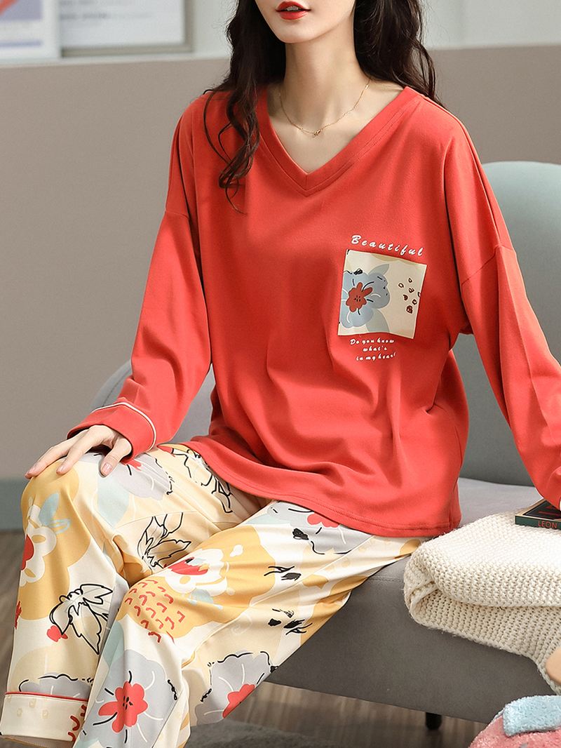 Plus Size Kvinder Blomster & Letter Med Tryk V-hals Langærmet Hjem Casual Pyjamas Sæt
