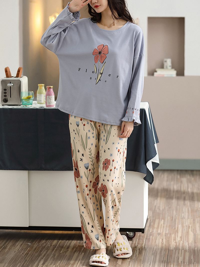 Plus Size Kvinder Blomster & Letter Med Tryk V-hals Langærmet Hjem Casual Pyjamas Sæt