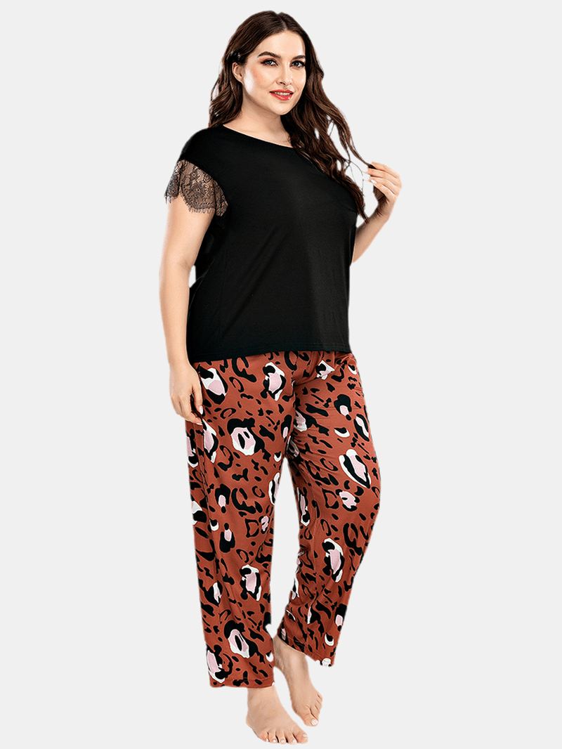 Plus Size Kvinder Blonde Sort Kortærmet Top Leopard Bukser Hjem Casual Pyjamas Sæt