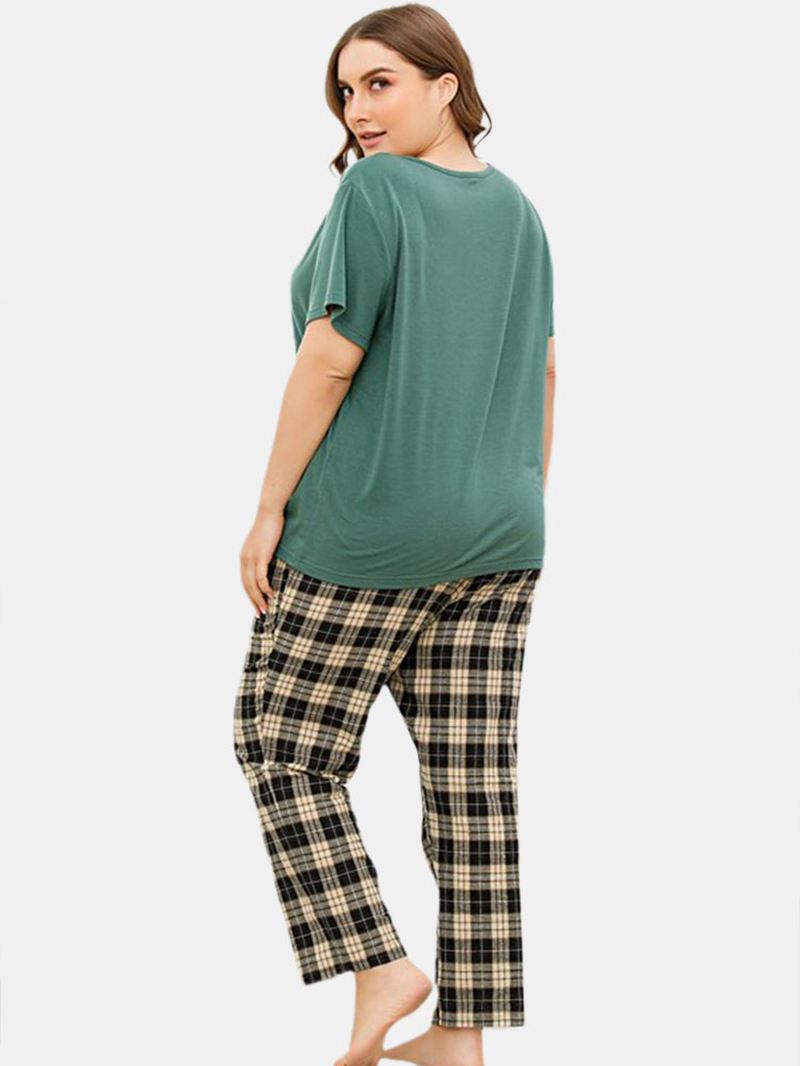 Plus Size Kvinder Ensfarvet Kortærmet Top Plaid Med Tryk To Stykke Hjem Pyjamas Sæt