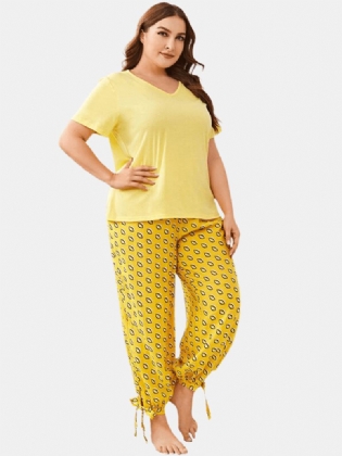 Plus Size Kvinder Ensfarvet V-hals Top Med Tryk Dragsnor Tie Beam Fødder Lange Bukser Hjem Pyjamas Sæt