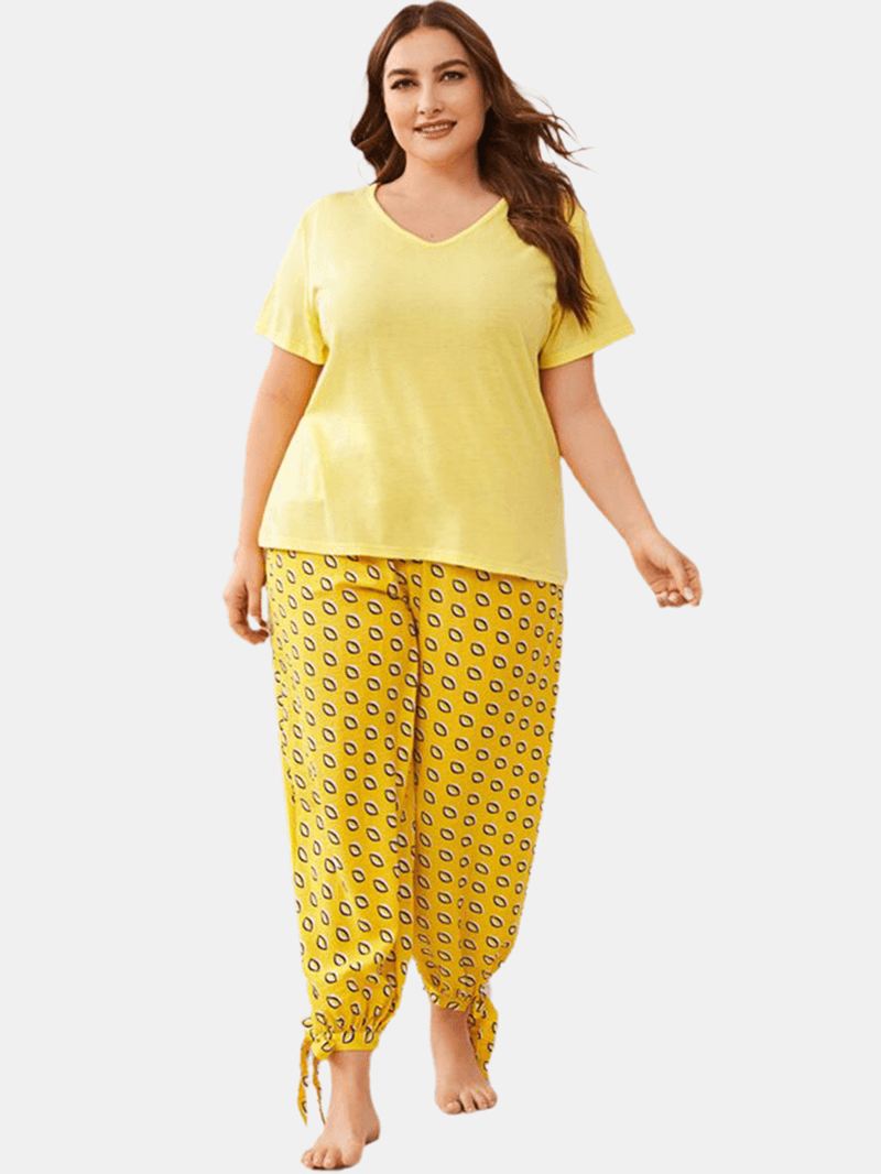 Plus Size Kvinder Ensfarvet V-hals Top Med Tryk Dragsnor Tie Beam Fødder Lange Bukser Hjem Pyjamas Sæt