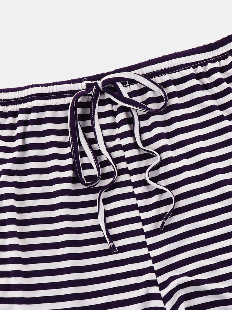 Plus Size Kvinder Ensfarvet V-hals Top Stripe Snøre Shorts Hjem Pyjamas Sæt
