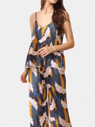 Plus Size Kvinder Etinic Style Crane Med Tryk Spaghetti Straps Home Pyjamas Sæt