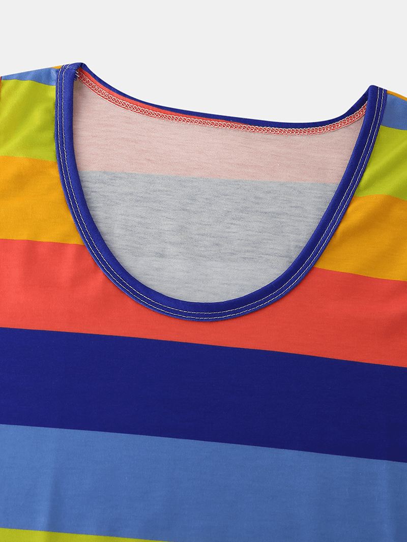 Plus Size Kvinder Farverige Stribede Ærmeløse Tank Tops Pocket Shorts Pyjamas Sæt