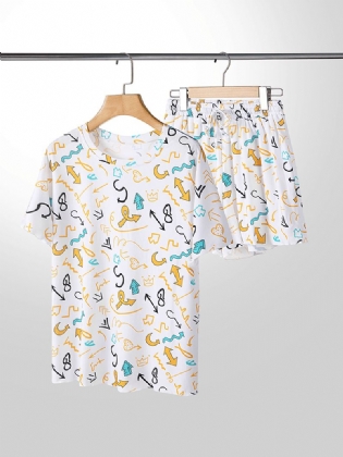 Plus Size Kvinder Graffiti Med Tryk Kortærmet Snøre Casual Pyjamas Sæt