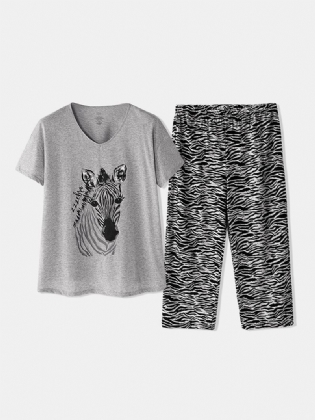 Plus Size Kvinder Hjem Bomuld Zebra Med Tryk V-hals Kortærmet Pyjamas Sæt