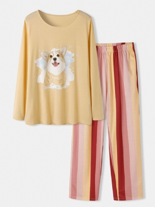 Plus Size Kvinder Hunde Med Tryk Stribede Bukser Løse Langærmede Loungewear Pyjamas Sæt