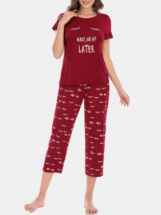 Plus Size Kvinder Letter Eye Med Tryk Kortærmede Pyjamassæt