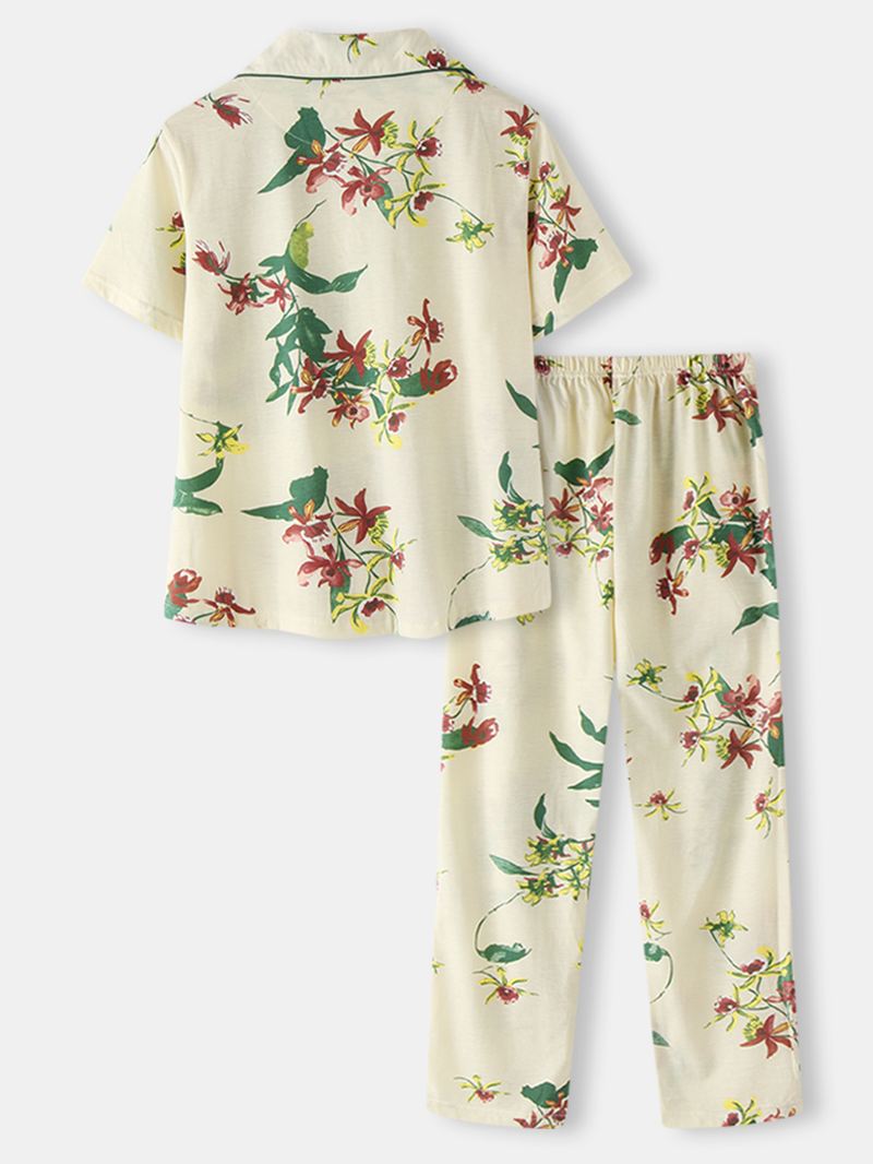 Plus Size Kvinder Plant Med Tryk Kortærmet Top Elastik Talje Bukser Hjem Casual Pyjamas Sæt
