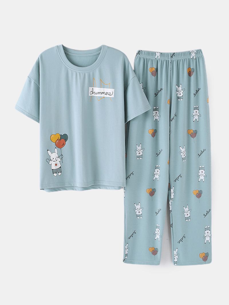 Plus Size Kvinder Søde Tegneserie Animal Med Tryk Bomuld Kortærmet Pyjamas Sæt