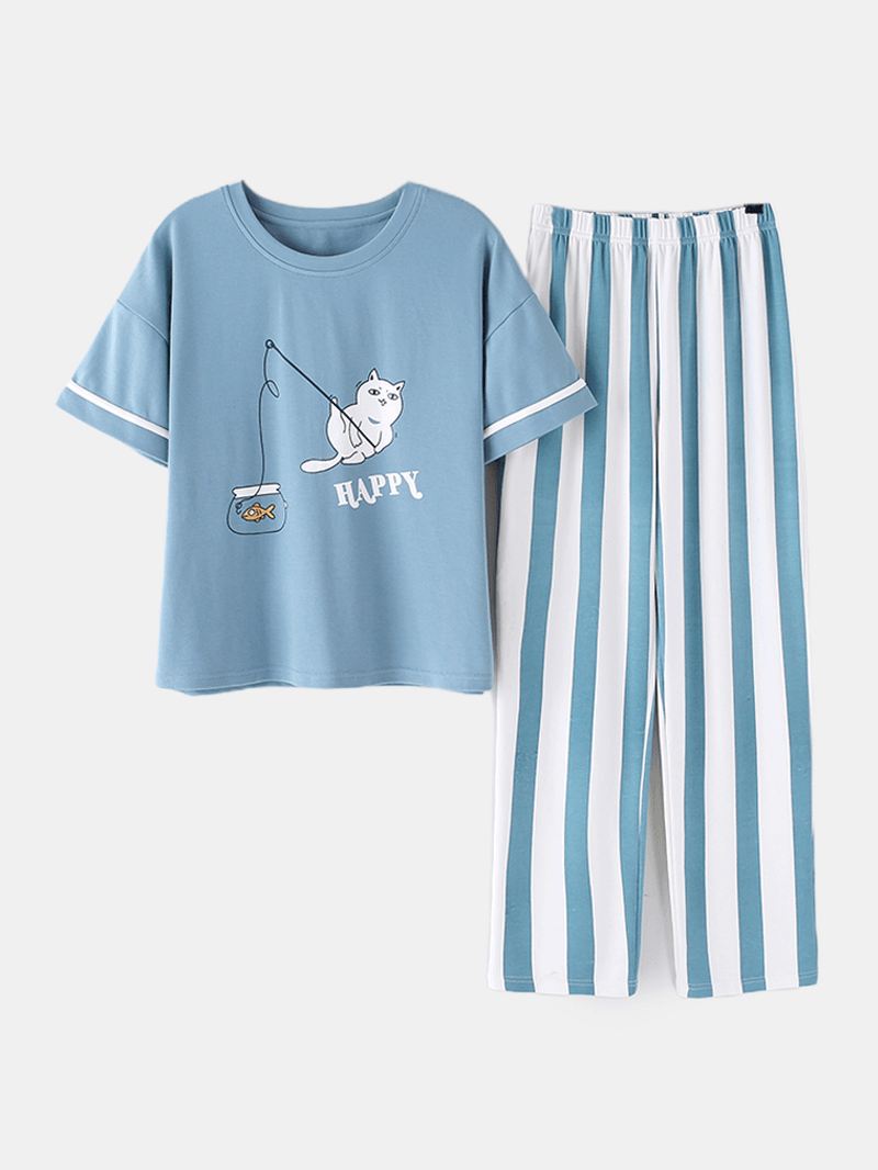 Plus Size Kvinder Søde Tegneserie Animal Med Tryk Bomuld Kortærmet Pyjamas Sæt