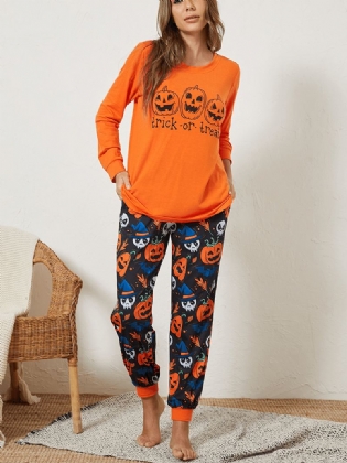 Plus Size Kvinder Tegneserie Græskar & Spøgelse Elastiske Talje Joggerbukser Hyggeligt Pyjamas Sæt