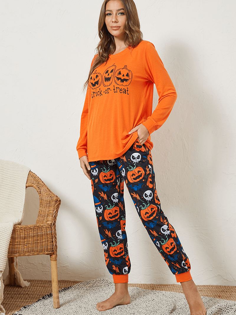 Plus Size Kvinder Tegneserie Græskar & Spøgelse Elastiske Talje Joggerbukser Hyggeligt Pyjamas Sæt
