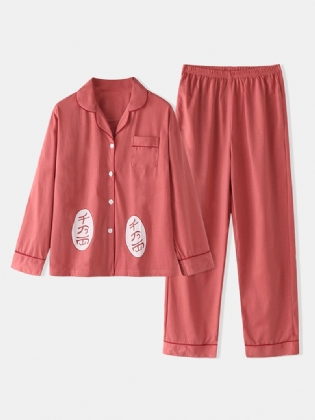 Plus Size Kvinder Tegneserie Med Tryk Revere Krave Langærmet Elastisk Talje Hjem Pyjamas Sæt