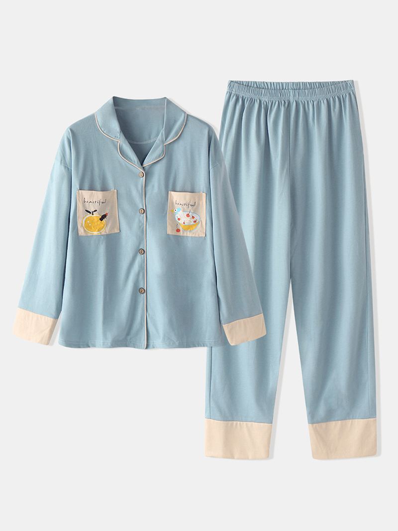 Plus Size Kvinder Tegneserie Med Tryk Revere Krave Langærmet Elastisk Talje Hjem Pyjamas Sæt