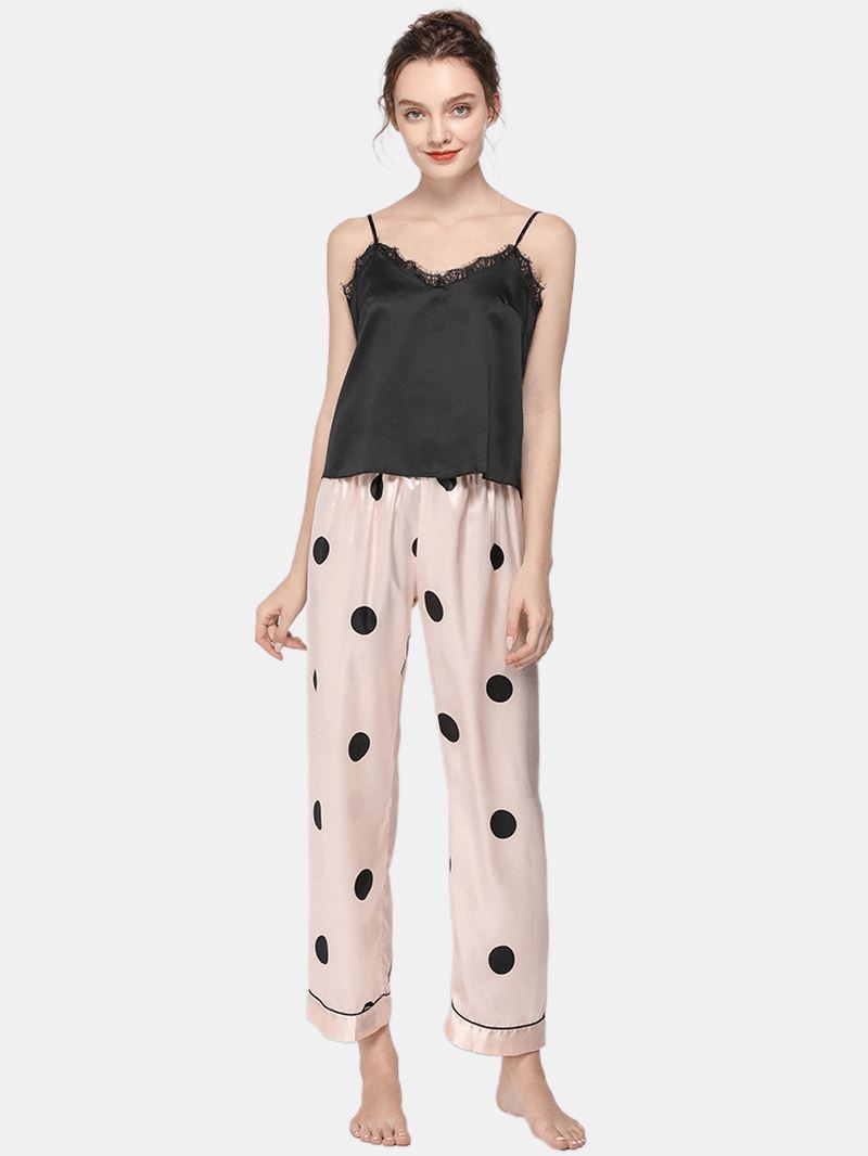 Polka Dot Spaghetti Remme Blonde-trim Rygfri Lungewear Casual Pyjamas Sæt