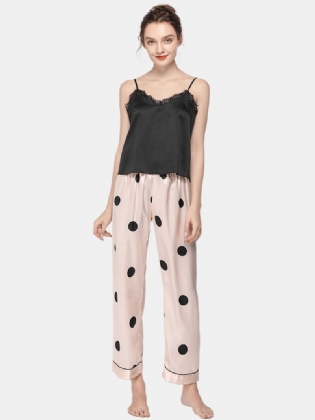 Polka Dot Spaghetti Remme Blonde-trim Rygfri Lungewear Casual Pyjamas Sæt