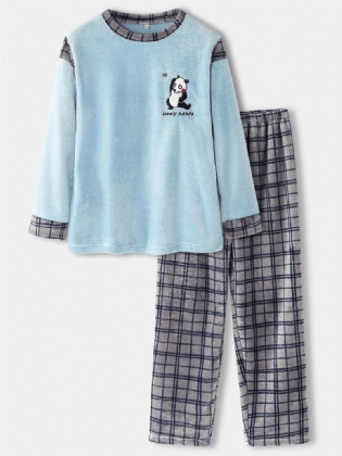 Søde Herre Pandabrevbroderi Gittersyning O-hals Flannel Varme Pyjamassæt