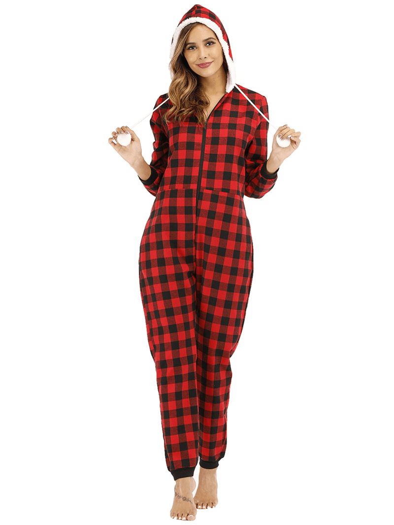 Stribet Gitter Hætte Lange Ærmer Med Lomme Onesie Pyjamas Sæt