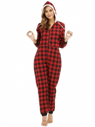 Stribet Gitter Hætte Lange Ærmer Med Lomme Onesie Pyjamas Sæt