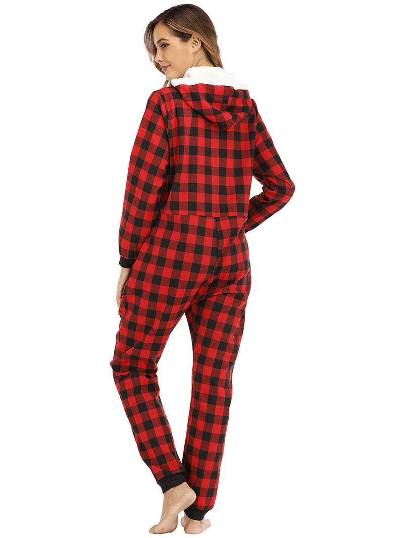 Stribet Gitter Hætte Lange Ærmer Med Lomme Onesie Pyjamas Sæt