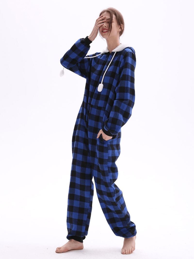 Stribet Gitter Hætte Lange Ærmer Med Lomme Onesie Pyjamas Sæt