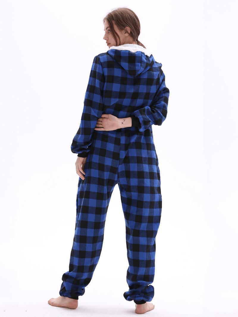 Stribet Gitter Hætte Lange Ærmer Med Lomme Onesie Pyjamas Sæt