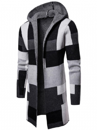 Color Block Collarless Longline Cardigan Med Hætte