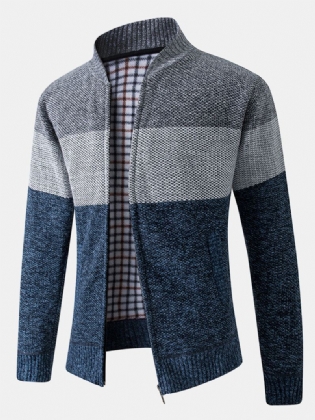 Herre Color Block Patchwork Rib-strikket Lynlås Foran Bomuld Cardigans Med Lomme