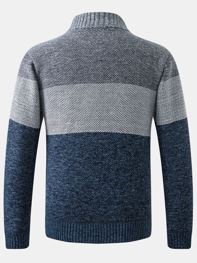 Herre Color Block Patchwork Rib-strikket Lynlås Foran Bomuld Cardigans Med Lomme