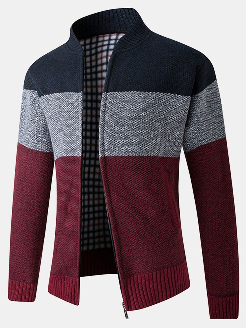 Herre Color Block Patchwork Rib-strikket Lynlås Foran Bomuld Cardigans Med Lomme