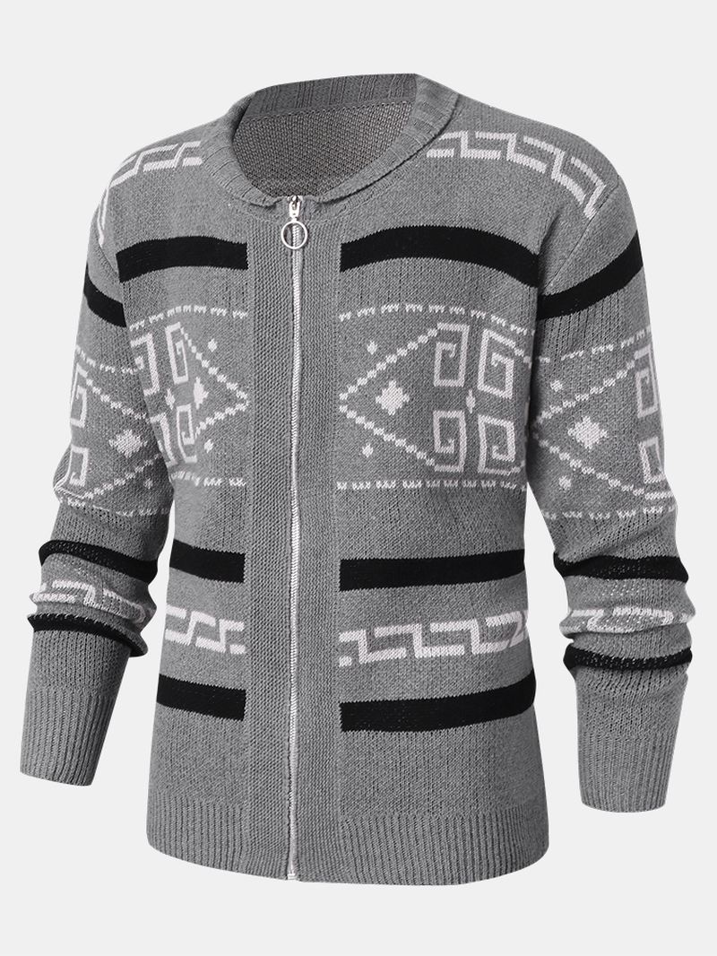 Herre Etnisk Med Tryk Lynlås Strikket Casual Slim Fit Langærmet Cardigan Sweater