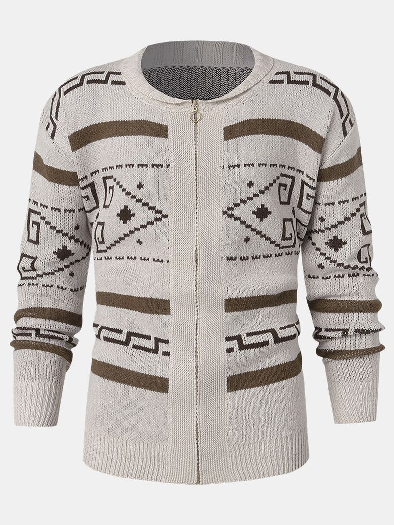 Herre Etnisk Med Tryk Lynlås Strikket Casual Slim Fit Langærmet Cardigan Sweater