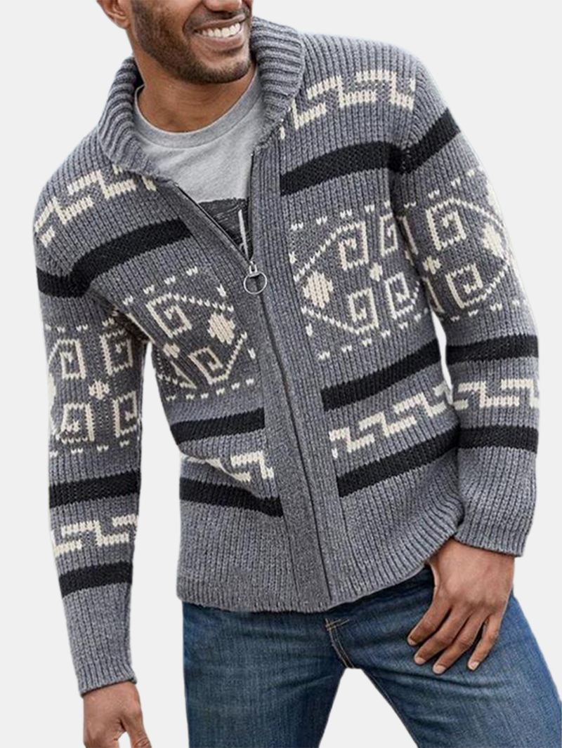 Herre Etnisk Med Tryk Lynlås Strikket Casual Slim Fit Langærmet Cardigan Sweater