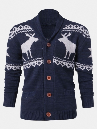 Herre Jul Rensdyr Knap Tyk Varm Casual Strikket Cardigan Sweater