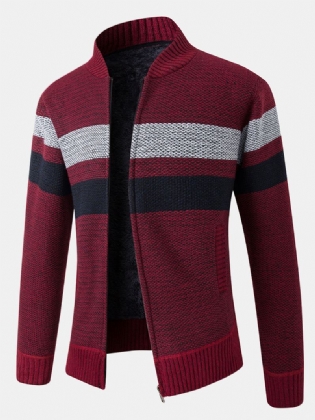 Herre Patchwork Lynlås Foran Rib-strikket Plys Foret Bomuld Cardigans Med Lomme