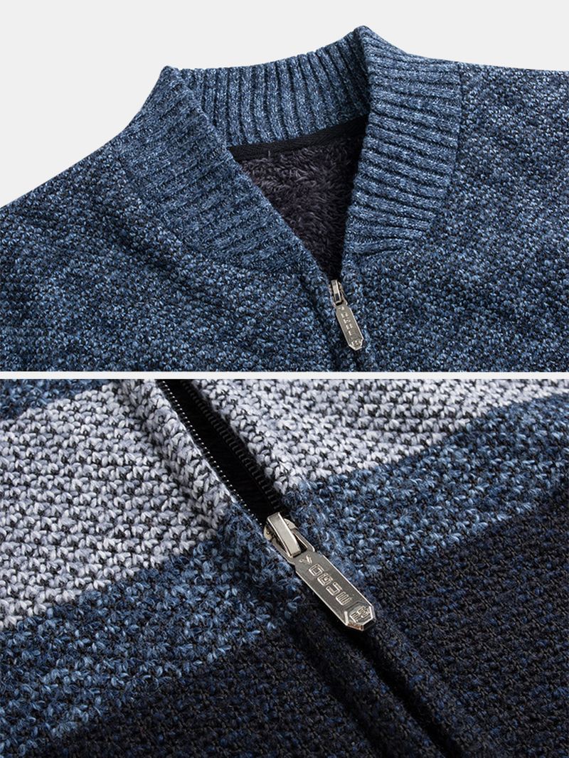 Herre Patchwork Lynlås Foran Rib-strikket Plys Foret Bomuld Cardigans Med Lomme