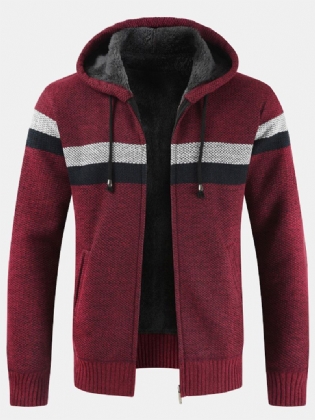 Herre Patchwork Lynlås Foran Rib-strikket Plys Foret Hætte Cardigans Med Lomme