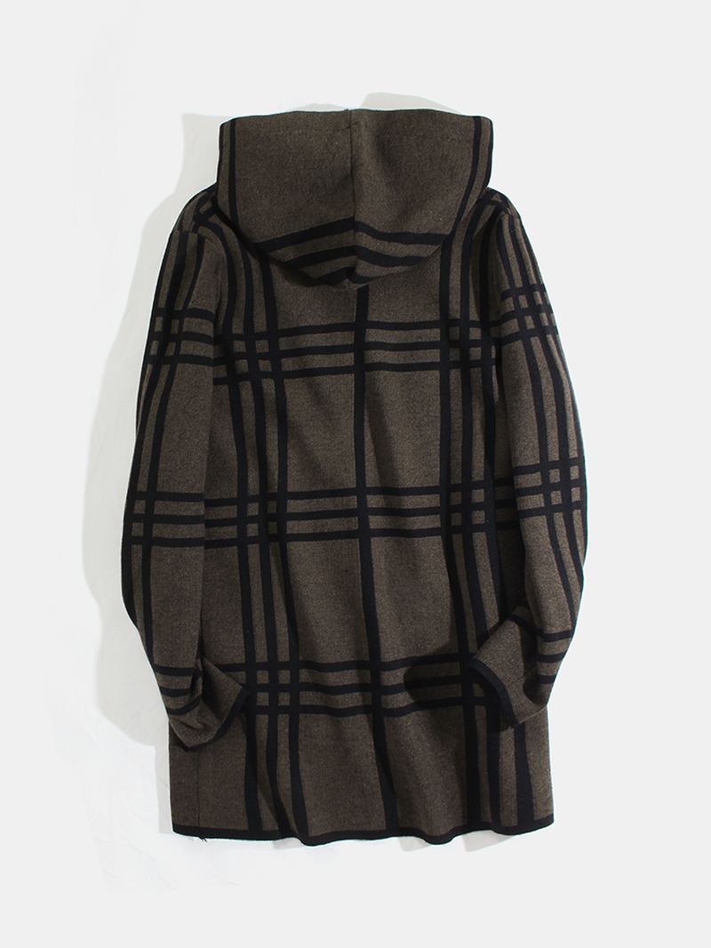 Herre Plaid Åben Front Langærmede Lommer Strikkede Cardigans