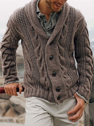 Herre Rib-strik Knap Foran Revers Solid Casual Langærmede Cardigans