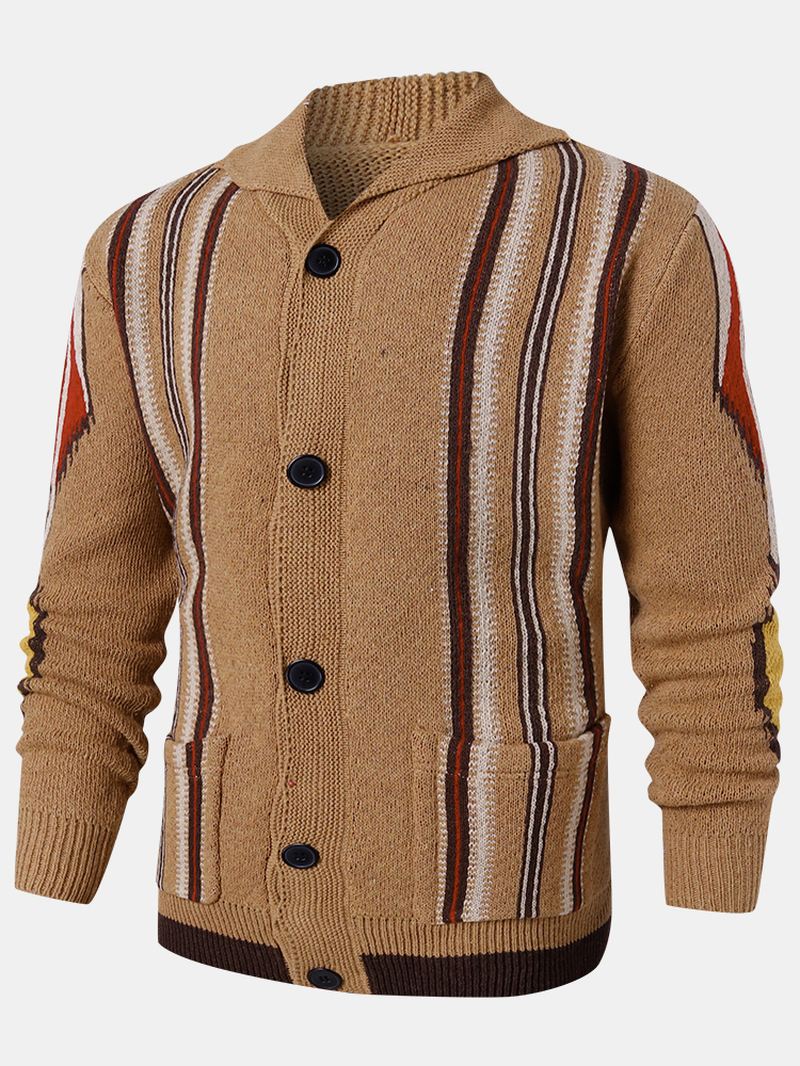 Herre Stripe Button Up Lapel Strik Casual Cardigans Med Dobbelt Lomme