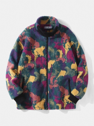 Mænd Polar Fleece Tie Dye Stand Krave Lommer Lynlås Cardigans Jakke Frakke