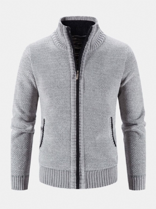Mænd Strikket Plus Fløjl Elastiske Sømlommer Lynlås Pure Solid Sweater Cardigans
