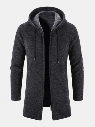 Mænd Strikket Pure Solid Pocket Plus Fløjls Lange Hætte Sweater Cardigans