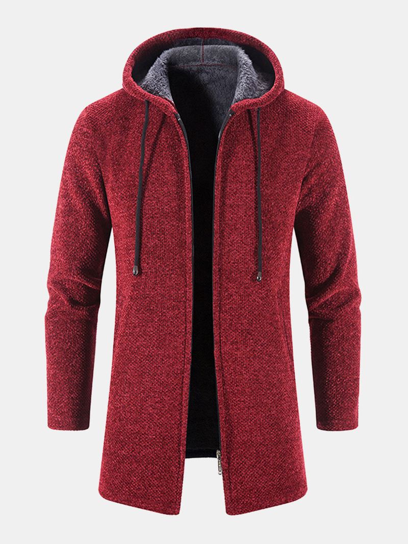 Mænd Strikket Pure Solid Pocket Plus Fløjls Lange Hætte Sweater Cardigans