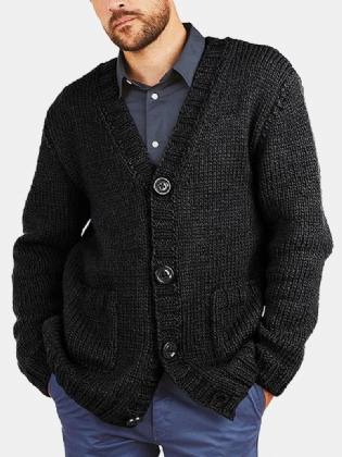 Mænd Vintage Strik Knap V-hals Dobbelt Lommer Casual Cardigans