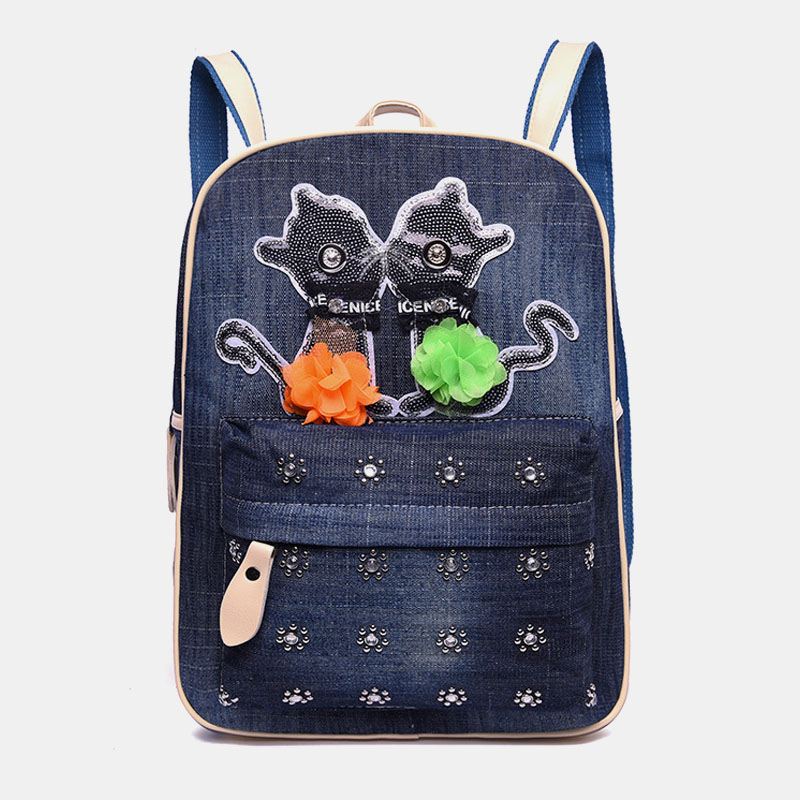 Kvinder Canvas Cute Kat Med Tryk Patchwork Casual Rygsæk Skoletaske